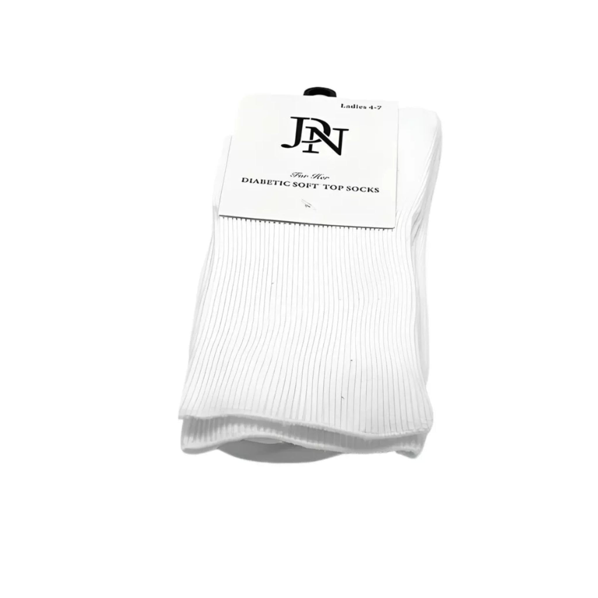 Ladies JDN branded white diabetic socks with non-elastic soft top for comfort and circulation support